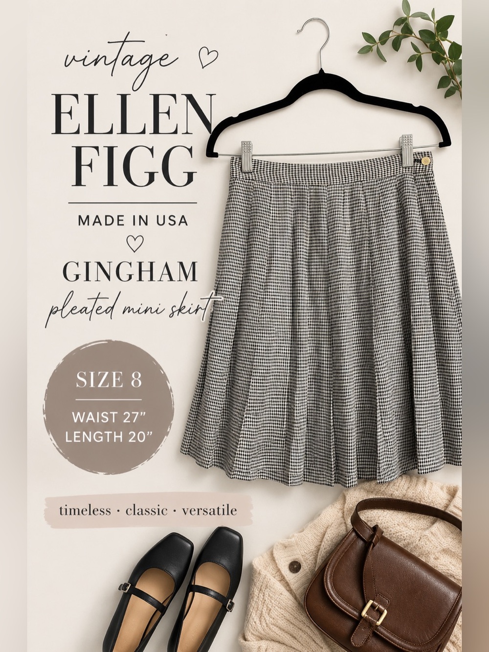 Vintage Ellen Figg Black & White Gingham Pleated Mini Skirt Size 8 USA